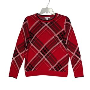 XS S Charter Club Red Plaid‎ Print Crew Neck Long Sleeve Sweater Womens